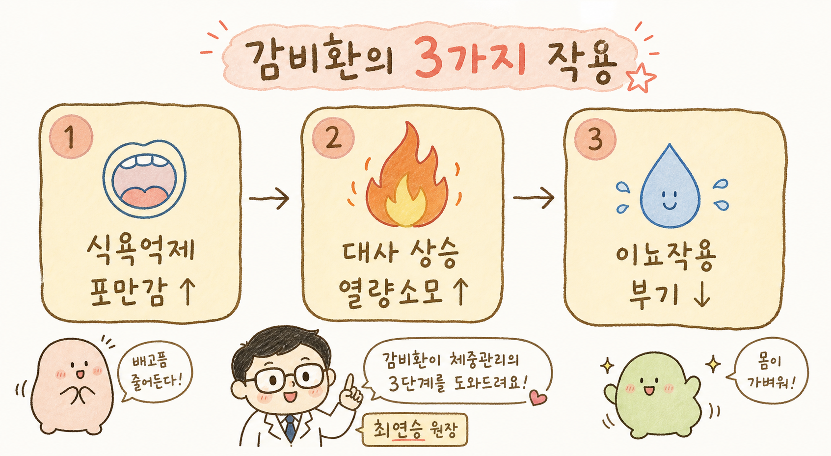 감비환의 3가지 작용을 1→2→3 순서도(플로우)로 표현. (1단계) 식욕억제 & 포만감 증가 - 입 모양 아이콘, 파란색 / (2단계) 기초대사 상승 & 열량 소모 증가 - 불꽃