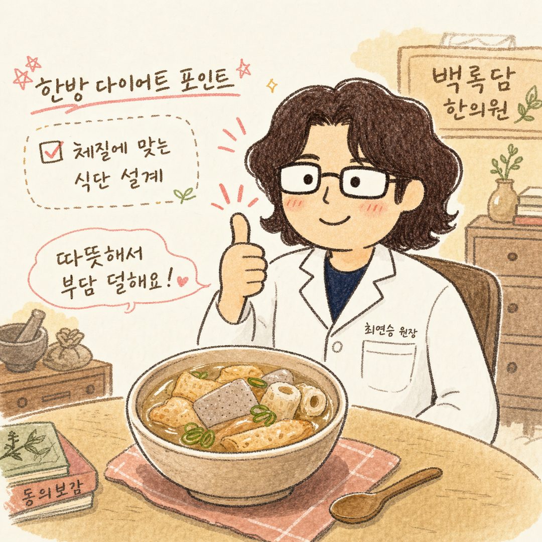 韓醫師角色坐在完成的蒟蒻魚板湯前，豎起大拇指滿意地微笑。角色旁標註「韓方減重：用熱湯減輕消化負擔」或「白鹿感肥錠，體質...