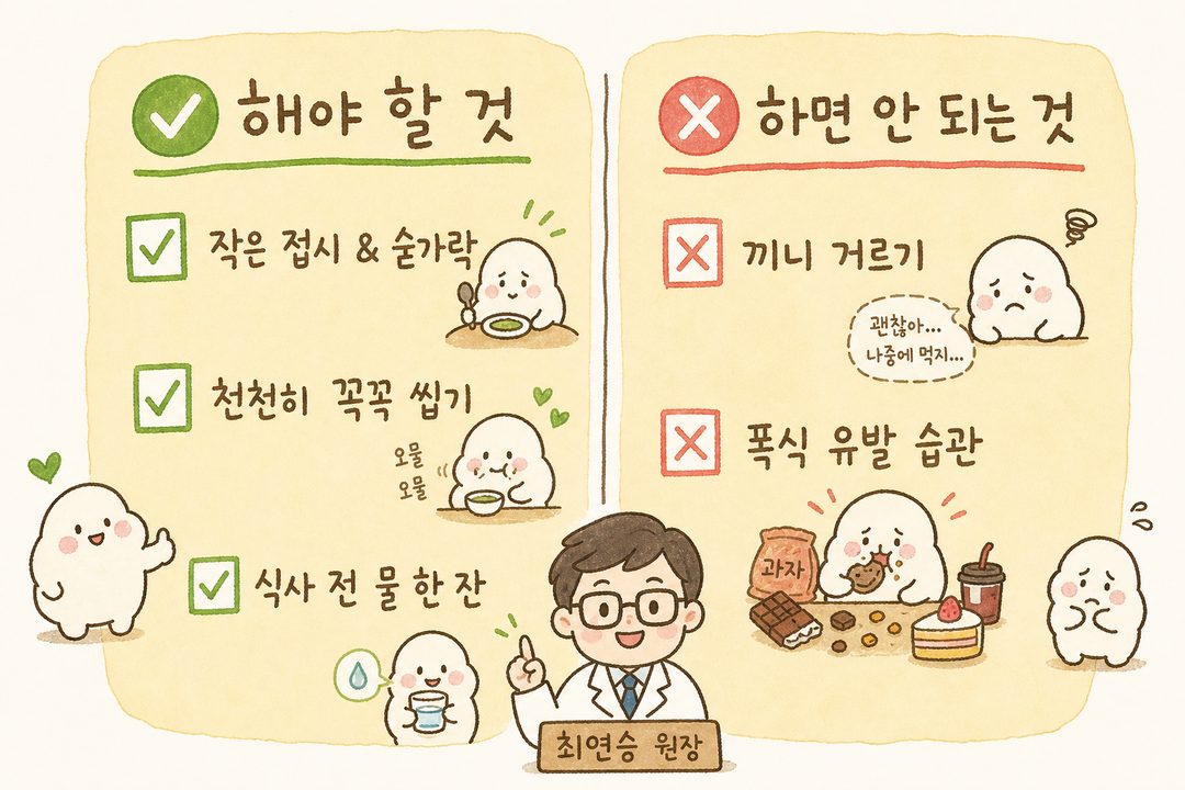 左側為 ✅ 勾選標記,標示『使用小盤子』、『細嚼慢嚥』、『飯前喝一杯水』等建議飲食習慣。右側為 ✗ 叉號標記,標示『跳過正餐』、『暴飲暴食』等應避免的習慣。將兩個區域進行對比。