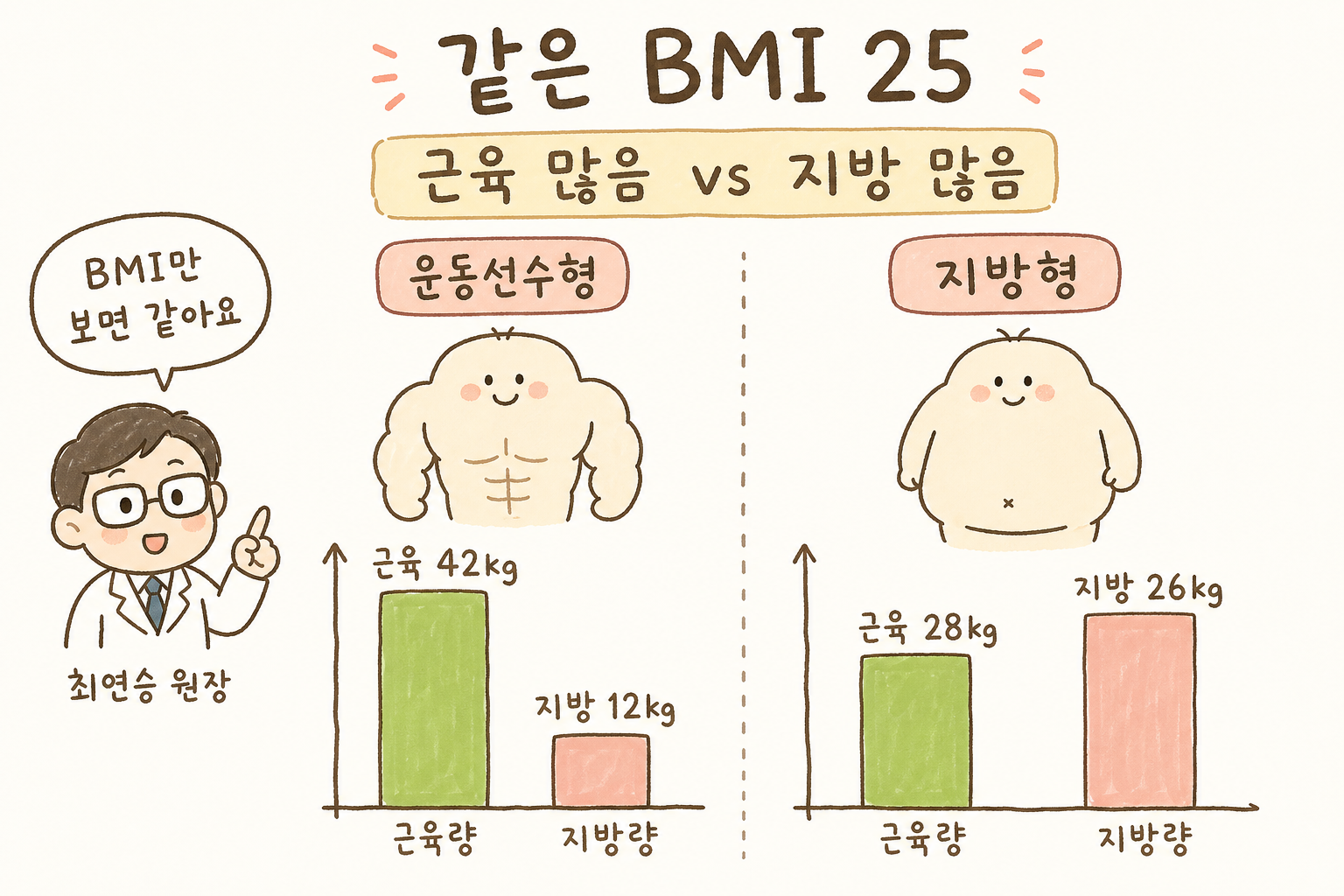 같은 BMI 25인 두 사람의 체성분을 좌우 비교: 왼쪽은 근육량 많고 지방 적은 운동선수형, 오른쪽은 지방 많고 근육 적은 형태
