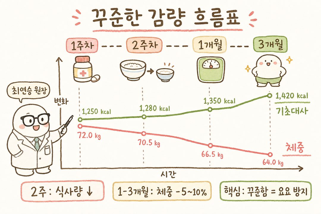 시간 흐름 차트(좌→우): 1주차(약병), 2주차(밥그릇 작아짐), 1개월(체중계), 3개월(체형 변화). 꺾은선 그래프로 기초대사와 체중 감소 추이 함께 표시. 진행 단계별로 색