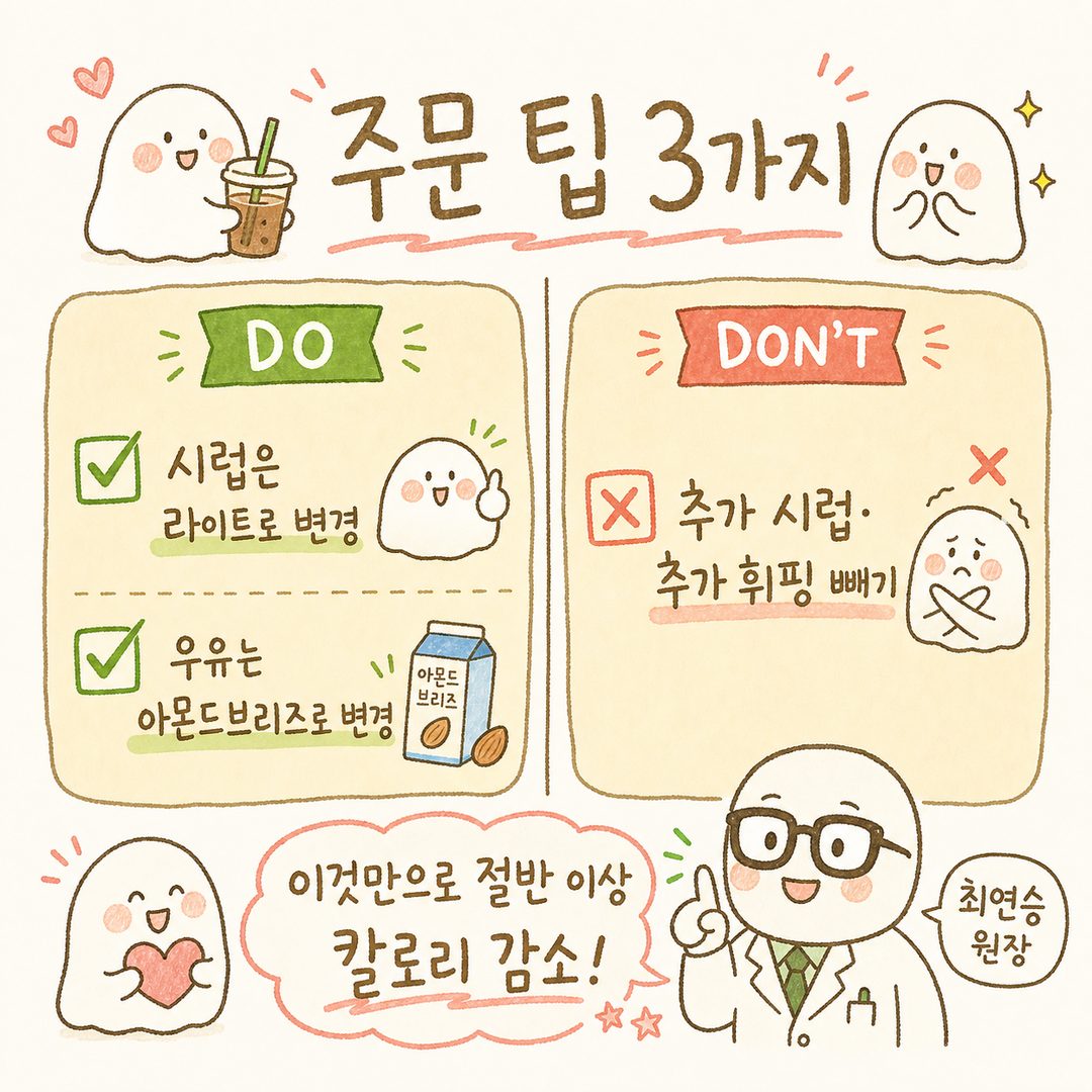 주문할 때 체크할 3가지 항목을 체크리스트 형식으로 표현. 각 항목 옆에 ✅(해야 할 것)과 ✗(하면 안 되는 것) 마크를 붙여 명확하게 구분. 깔끔한 박스 형식으로 정렬