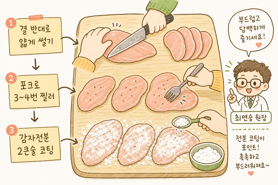 닭가슴살 손질 과정을 상세히 표현. 도마 위 닭가슴살을 칼로 결 반대 방향으로 얇게 자르는 손과, 포크로 3~4군데 구멍을 내는 손을 화살표와 함께 표시. 감자전분을 뿌리는 단계도