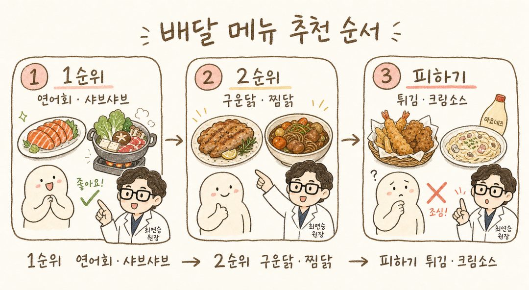 3단계 시퀀스 플로우: 추천 메뉴 순위를 단계별로 표현. 1단계(최고) → 연어회·샤브샤브, 2단계(좋음) → 구운 치킨·찜닭, 3단계(피할 것) → 튀김·마요·크림소스. 캐릭터의