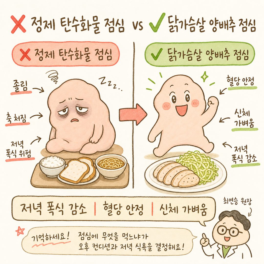 좌측 ❌ 정제 탄수화물 점심 후 피곤한 얼굴(졸린 표정, 어두운 톤), 우측 ✅ 닭가슴살 양배추 점심 후 맑고 활기찬 얼굴(밝은 표정, 밝은 톤), 큰 화살표로 변화를 강조
