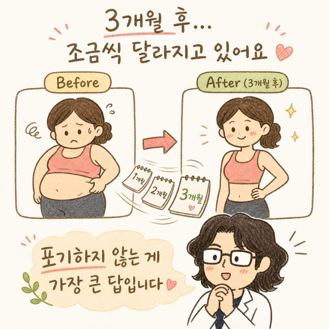 여성 캐릭터의 Before(왼쪽)와 After(오른쪽) 투 프레임 구성. 좌측: 옆구리 살 많은 모습, 불안한 표정으로 뱃살 잡고 있음. 우측: 3개월 후 더 슬림한 모습, 희미한