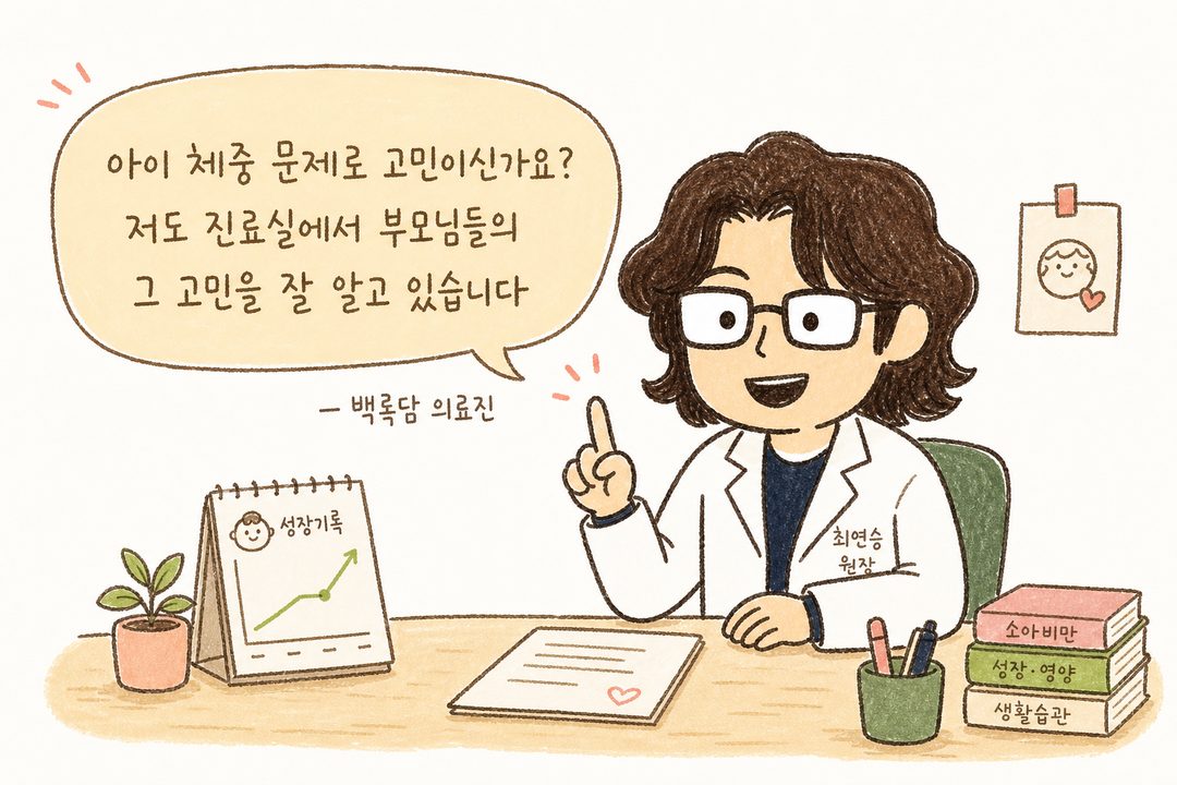 白鹿潭の医師キャラクターが温かい表情で診察室のデスクに座っている様子。親の不安な悩みを十分に理解し、共に解決していくという信頼感と共感を表現するシーン