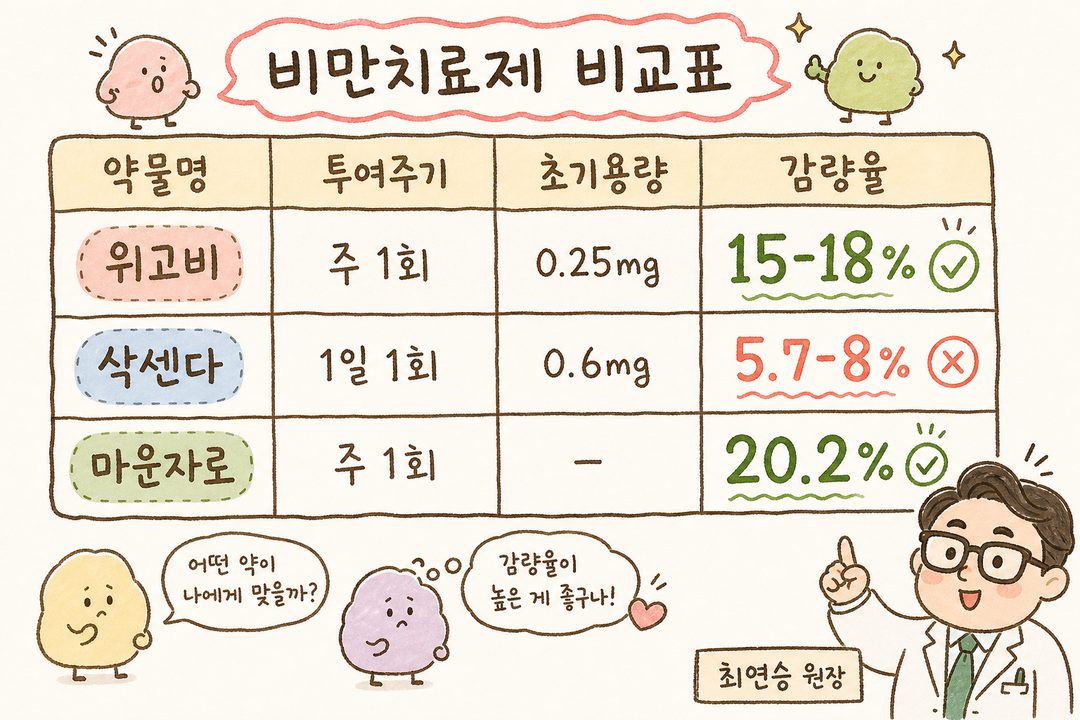 약물별 비교표: 위고비, 삭센다, 마운자로를 행으로 투여주기·초기용량·평균감량율을 열로 정렬한 표 형식. 숫자 비교가 한눈에 드러나도록 강조