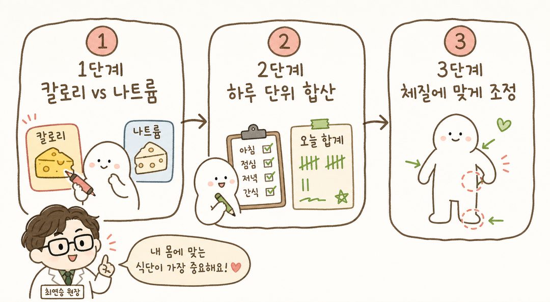 Three boxes connected by arrows (→) from left to right: Step 1 (colored icon: cheese selection), Step 2 (checklist icon: daily total), Step 3 (body icon: constitution adjustment). Each box contains explanatory text.
