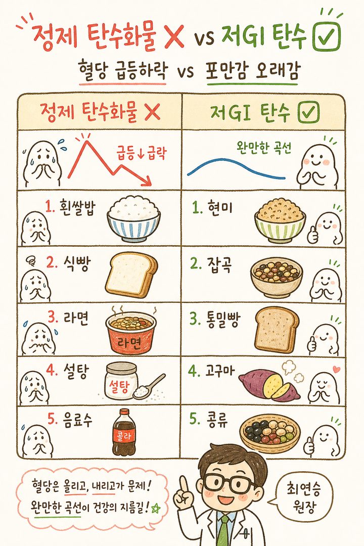 2欄5列比較表版面 — 左側精緻碳水化合物(白飯、吐司、泡麵、砂糖、飲料)圖示與血糖急升紅色箭頭,右側低GI碳水化合物(玄米、雜穀、全麥麵包、地瓜、豆類)圖示與血糖平穩綠色箭頭