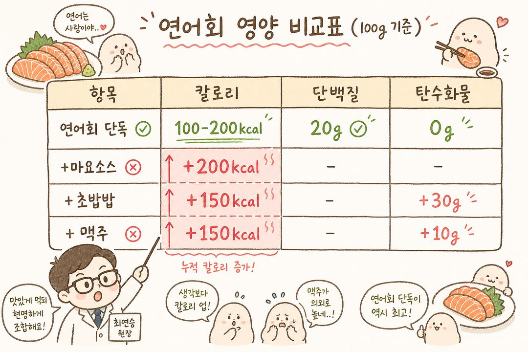 Nutritional comparison table based on 100g of salmon. Rows show [Salmon Sashimi alone], [+Mayo Sauce], [+Sushi Rice], [+Beer], and columns distinguish Calories, Protein, and Carbohydrates.