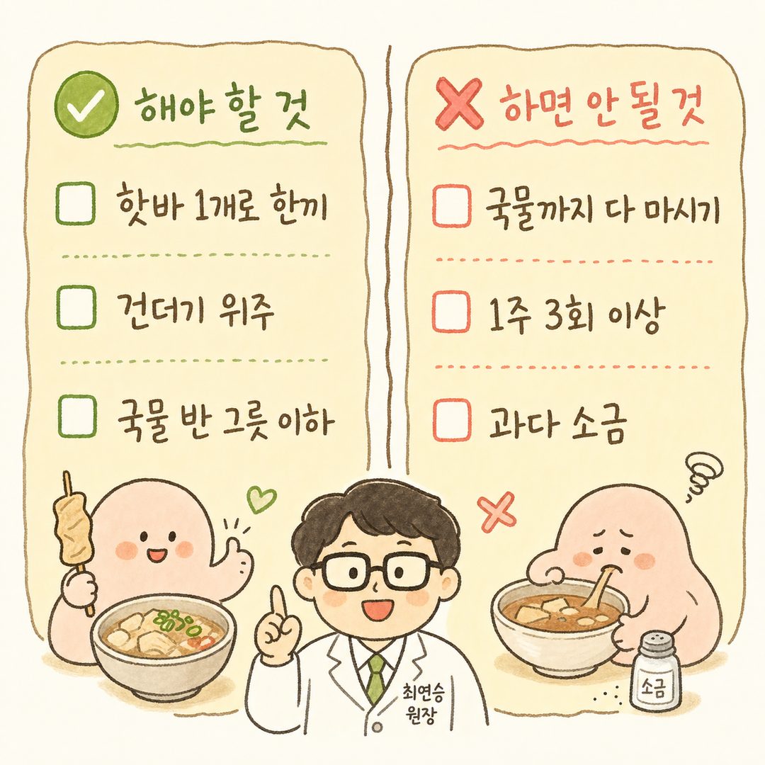 Thẻ danh sách kiểm tra thực hành — ✅Phần nên làm (Chỉ 1 thanh ức gà, ăn cái là chính, nước dùng dưới nửa bát) và ✗Phần không nên làm (Uống hết nước dùng, ăn quá 3 lần/tuần, quá nhiều muối)