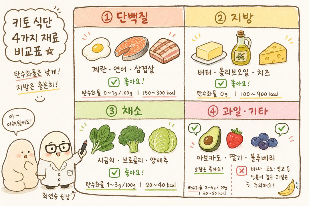 2×2 또는 3×2 매트릭스 형식으로 키토제닉 식재료 4대 카테고리를 비교 표시. 각 카테고리별 색상 구분(단백질=빨강, 지방=노랑, 채소=초록, 과일=분홍)으로 시각적 분류. 각