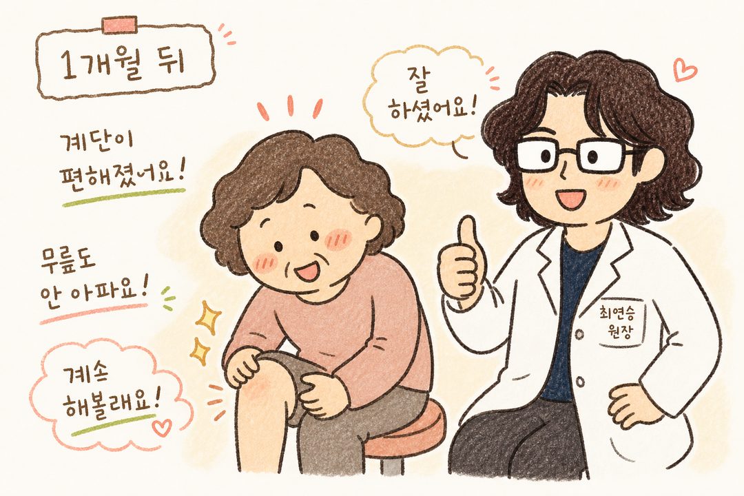 A scene at a follow-up appointment one month later where the patient is smiling and checking their knees. The medical staff is giving a thumbs up. Around the patient are captions like 'Stairs have become easier,' 'My knees don't hurt,' and 'Leg swelling at night has decreased.'