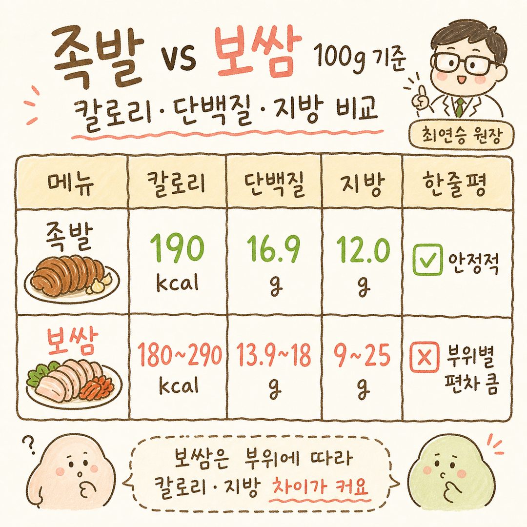 Bảng dinh dưỡng so sánh Jokbal 100g (190kcal, protein 16.9g, chất béo 12.0g) vs Bossam 100g (180-290kcal, protein 13.9-18g, chất béo 9-25g)