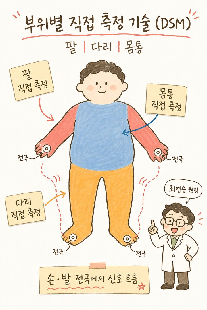 正面人体剪影图。通过箭头和标签标示手臂、腿部、躯干三个部位的“部位直接测量”。手部和足部设有微小电极图标及“电极”标签。
