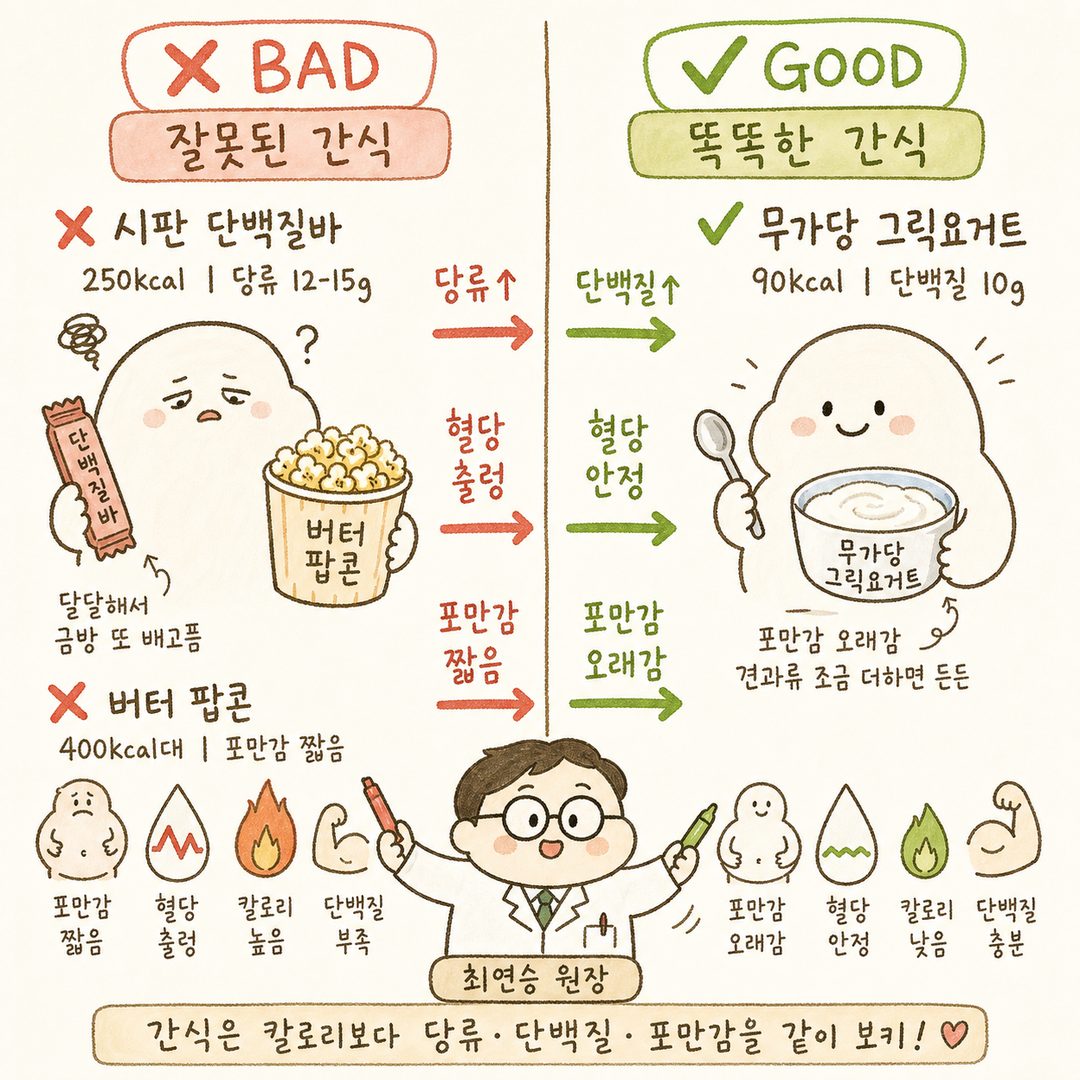 以 Before/After 形式比較錯誤零食 vs. 聰明零食。左側為 ❌ 不推薦食物(市售蛋白質棒 250kcal/糖 12-15g、奶油爆米花 400kcal 等),右側為推薦食物