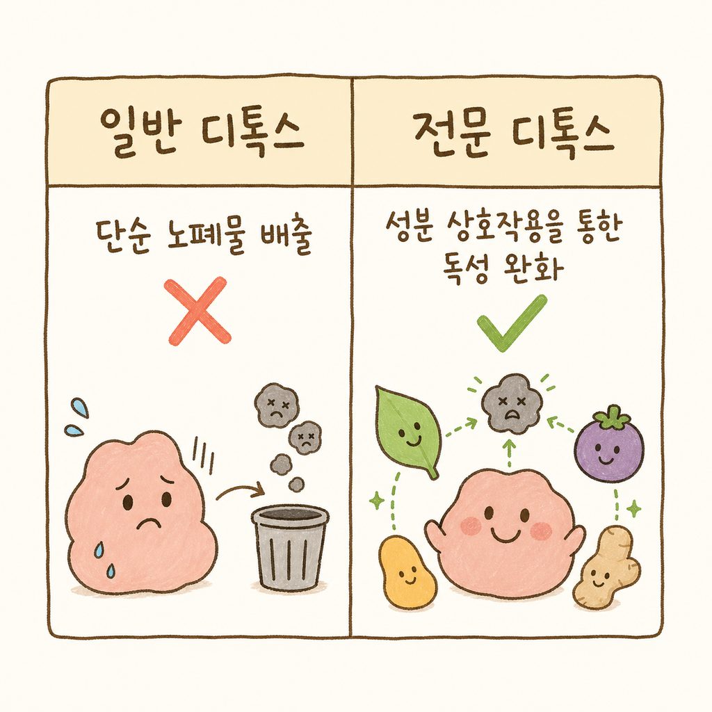 일반적인 디톡스 주스 섭취와 전문적인 독성 완화의 차이를 보여주는 2열 비교표. '단순 배출' vs '성분 간 상호작용'의 대비