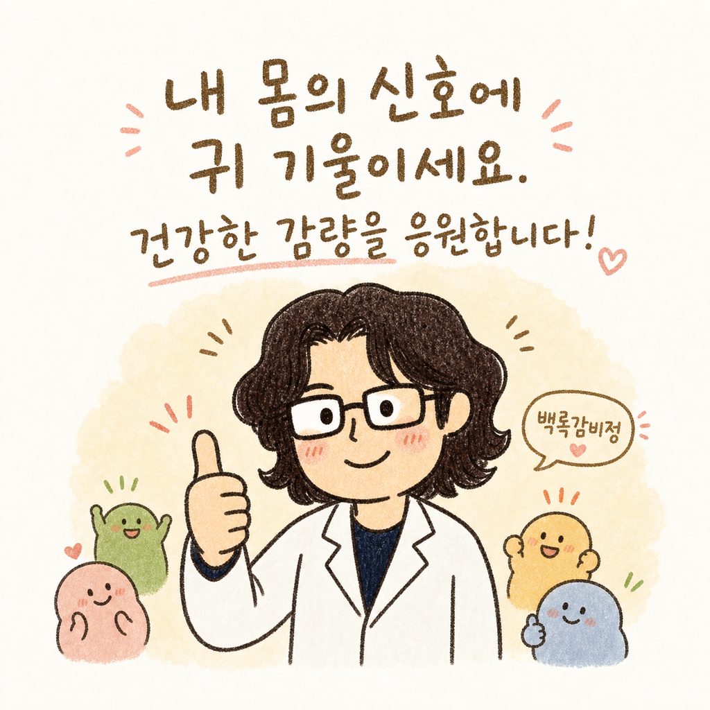 의사 캐릭터가 따뜻한 표정으로 엄지손가락을 치켜세우거나 응원하는 포즈. 옆에는 '백록감비정' 프로그램 안내 문구가 작게 배치됨.