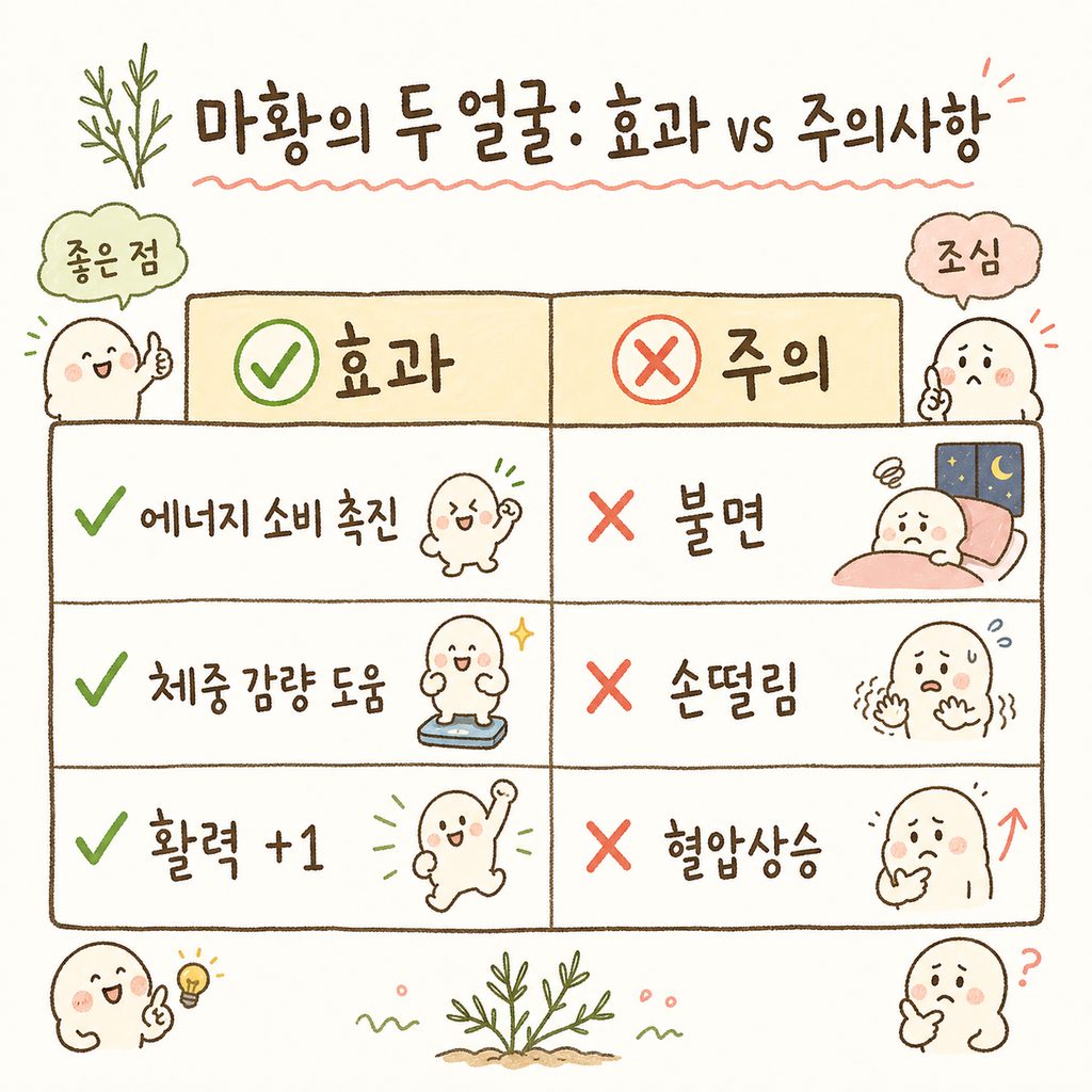 마황의 긍정적 효과와 주의사항을 대비시킨 비교표. 왼쪽은 에너지 소비 촉진/체중 감량, 오른쪽은 불면/손떨림/혈압상승으로 구분.