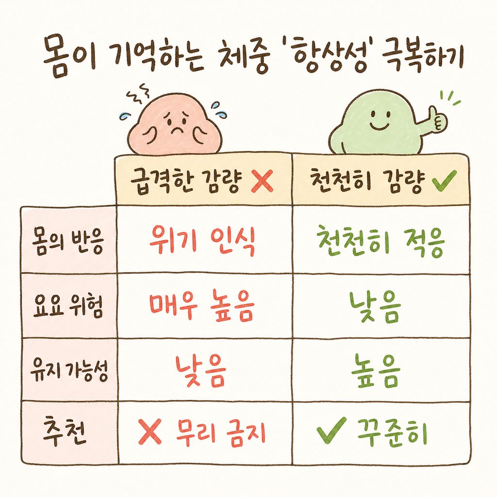 두 가지 감량 전략 비교표. [급격한 감량: 몸의 위기 인식, 요요 위험 매우 높음] vs [천천히 감량: 몸이 적응함, 유지 가능성 높음]