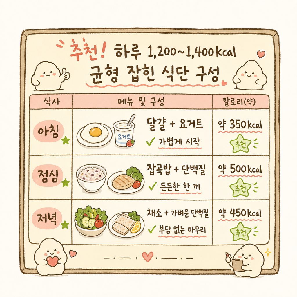 깔끔한 메뉴판 디자인. '아침(달걀, 요거트)', '점심(잡곡밥, 단백질)', '저녁(채소, 가벼운 단백질)' 세 가지 섹션으로 나누어 건강한 식단 예시를 아이콘과 함께 배치