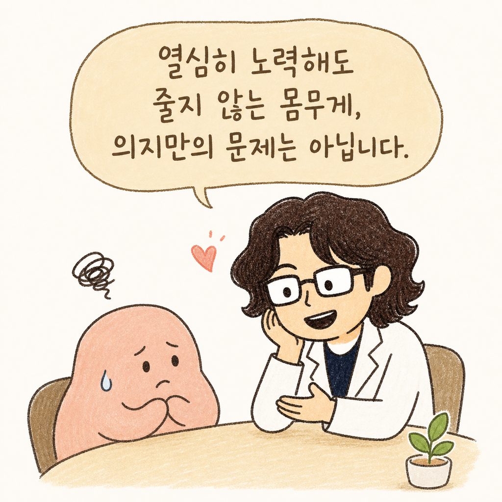 인자한 모습의 한의사 캐릭터가 진료실에서 환자의 고민을 경청하며 공감하는 따뜻한 표정의 모습.