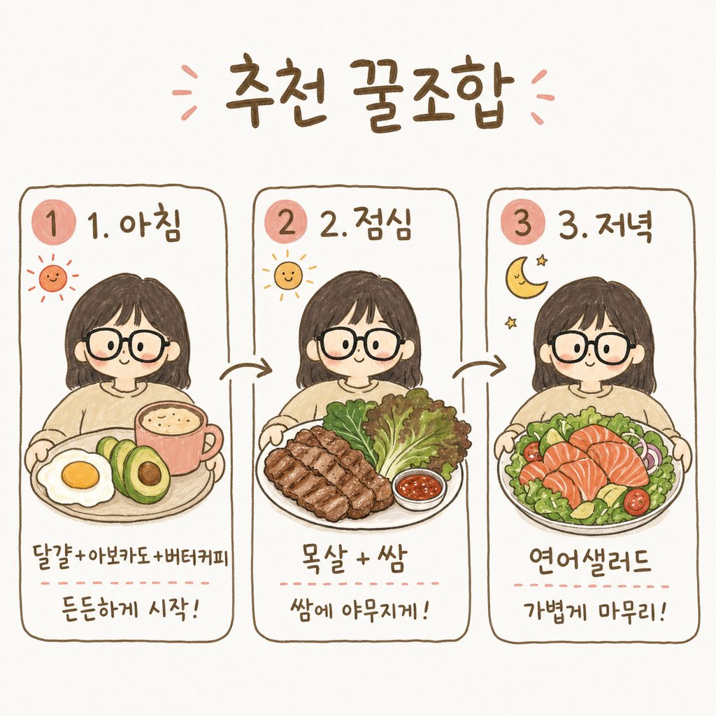귀여운 캐릭터가 아침-점심-저녁으로 이어지는 3단계 식단 세트를 하나씩 들어 보이며 추천하는 시퀀스