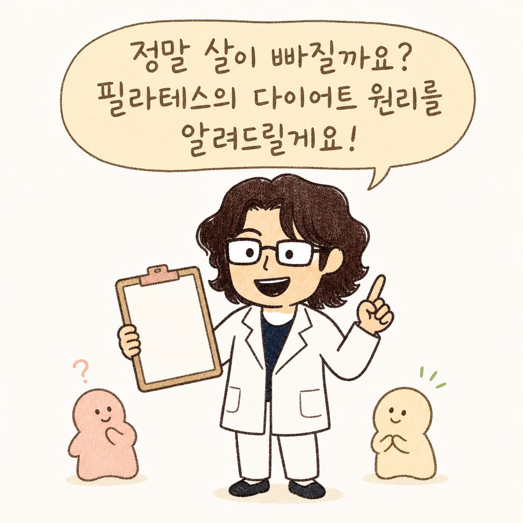 친절한 표정의 의사 캐릭터가 차트를 들고 등장하여 독자에게 필라테스의 다이어트 원리에 대해 설명하기 시작하는 도입부 장면.
