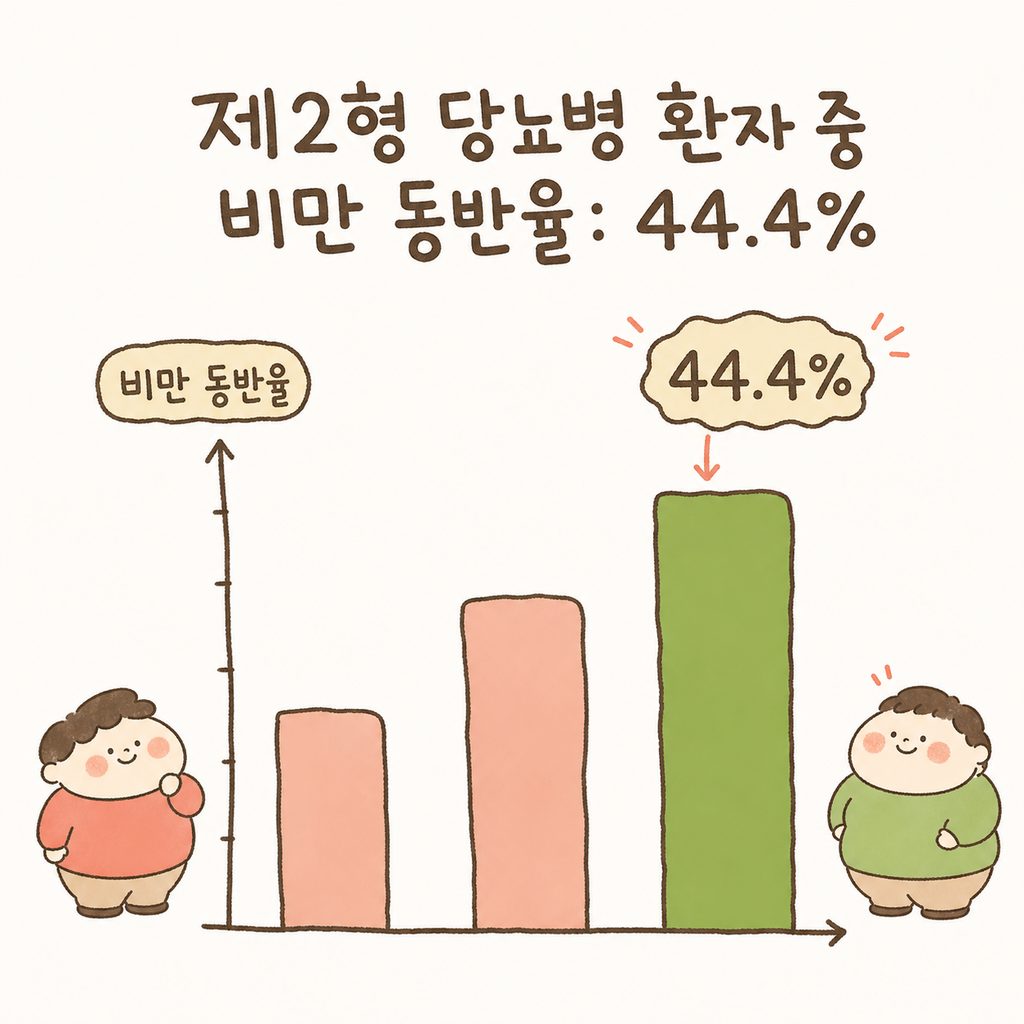 비만과 동반 질환의 상관관계를 나타내는 막대 그래프. 제2형 당뇨병 환자의 비만 동반율(44.4%)을 강조.