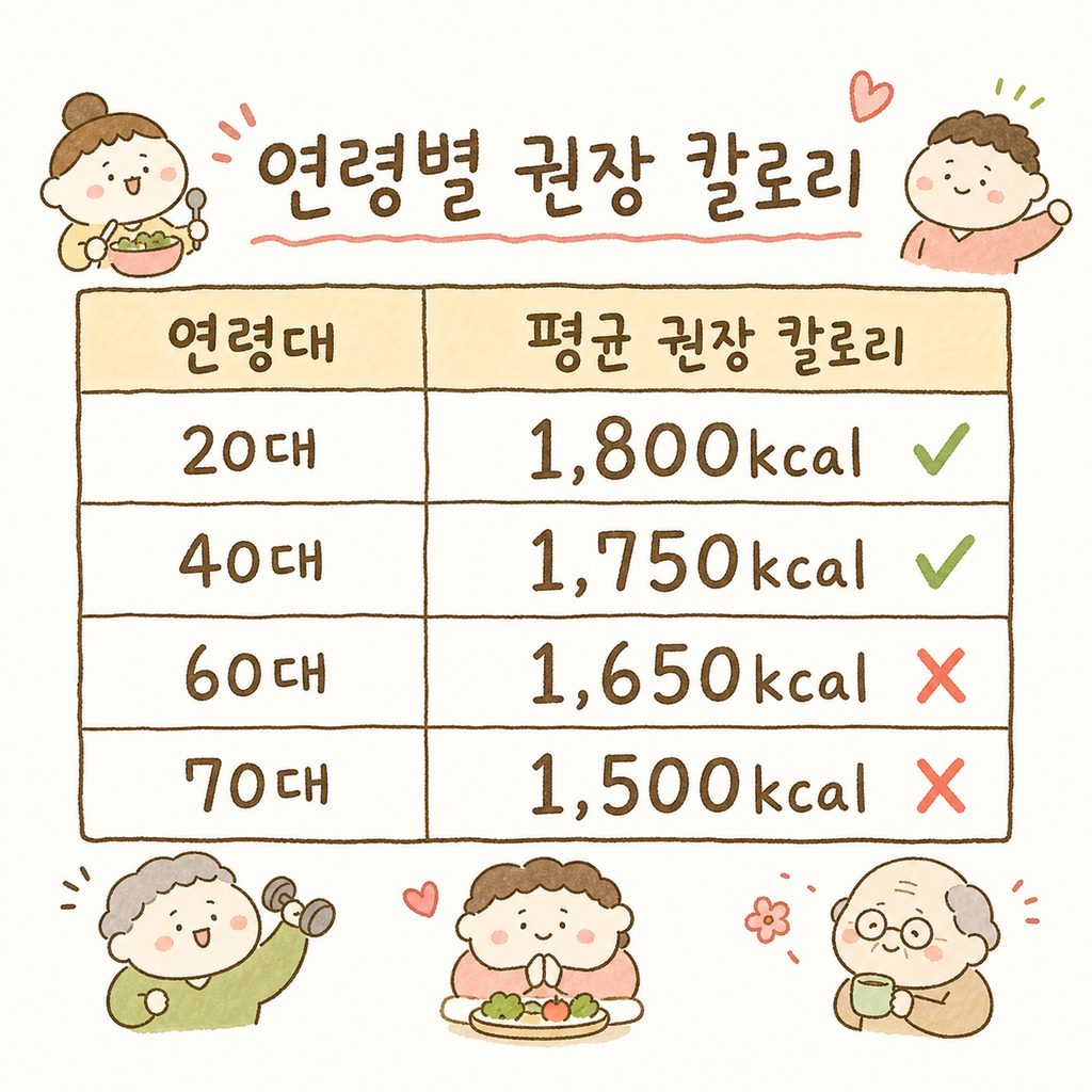 연령대별 권장 칼로리를 보여주는 심플한 비교표. 행은 연령대, 열은 평균 권장 칼로리로 구성된 표
