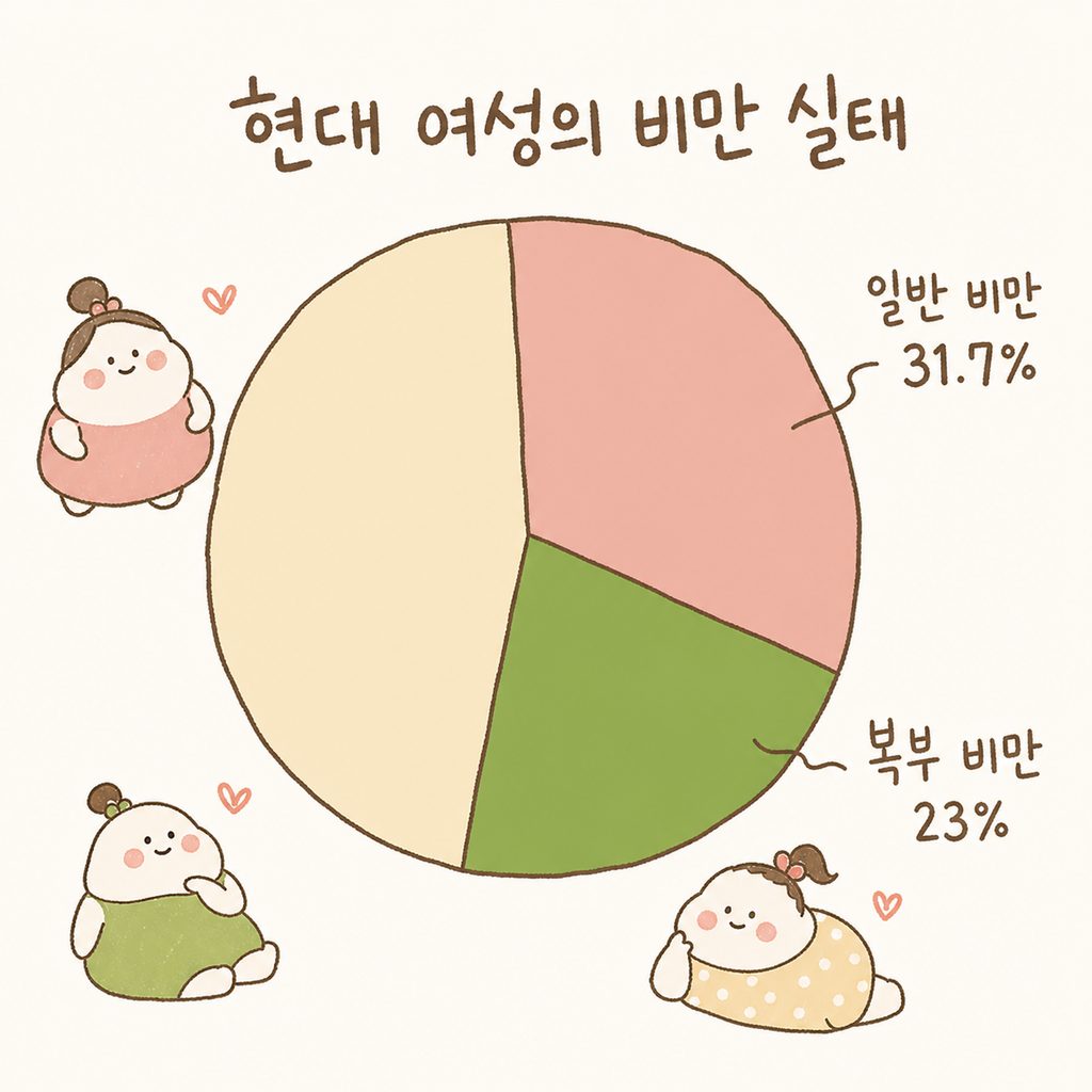 비만율을 나타내는 원형 차트. 전체 100% 중 일반 비만(31.7%)과 복부 비만(23%) 영역이 색상으로 구분되어 강조된 그래프
