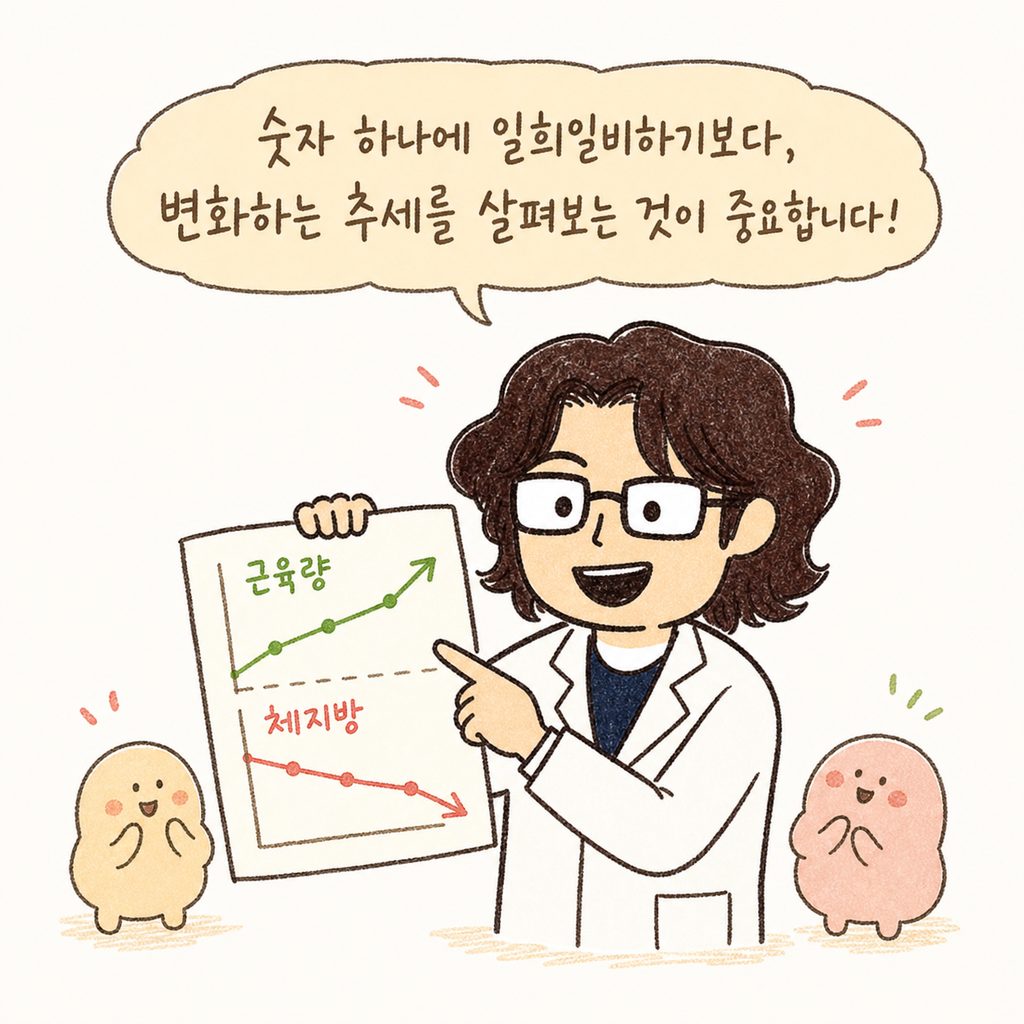 한의사 캐릭터가 결과지의 꺾은선 그래프(근육량 상승, 체지방 하락)를 가리키며, 수치보다 '방향성'이 중요하다는 점을 친절하게 설명하는 모습