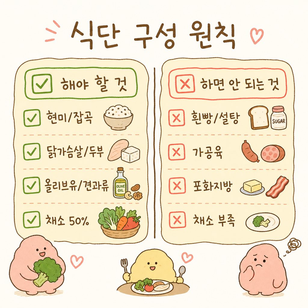 체크리스트 형태로 영양소별 선택 가이드를 제시. 복합 탄수화물, 단백질, 불포화지방, 채소의 핵심 체크 포인트 4가지