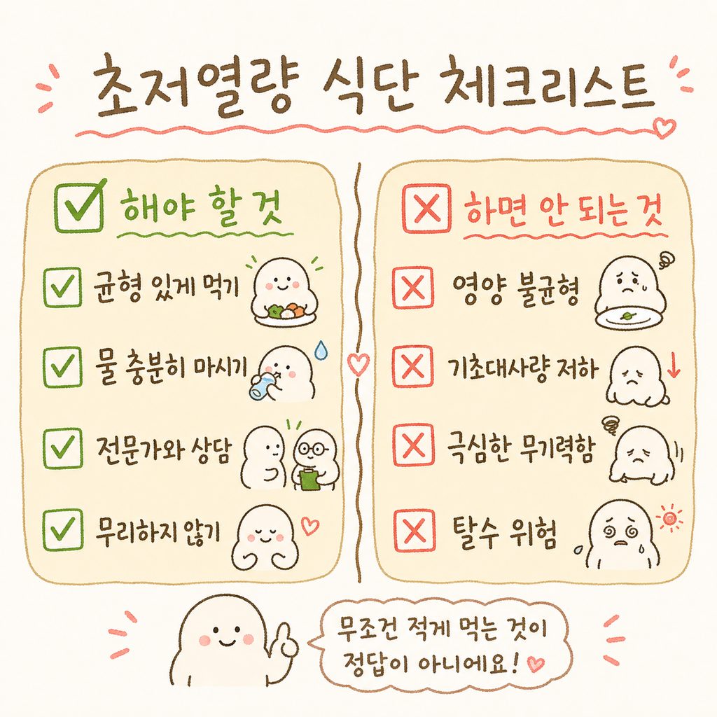 초저열량 식단의 위험성을 경고하는 체크리스트. 빨간색 X 표시와 함께 건강상의 위험 요소들이 나열됨.