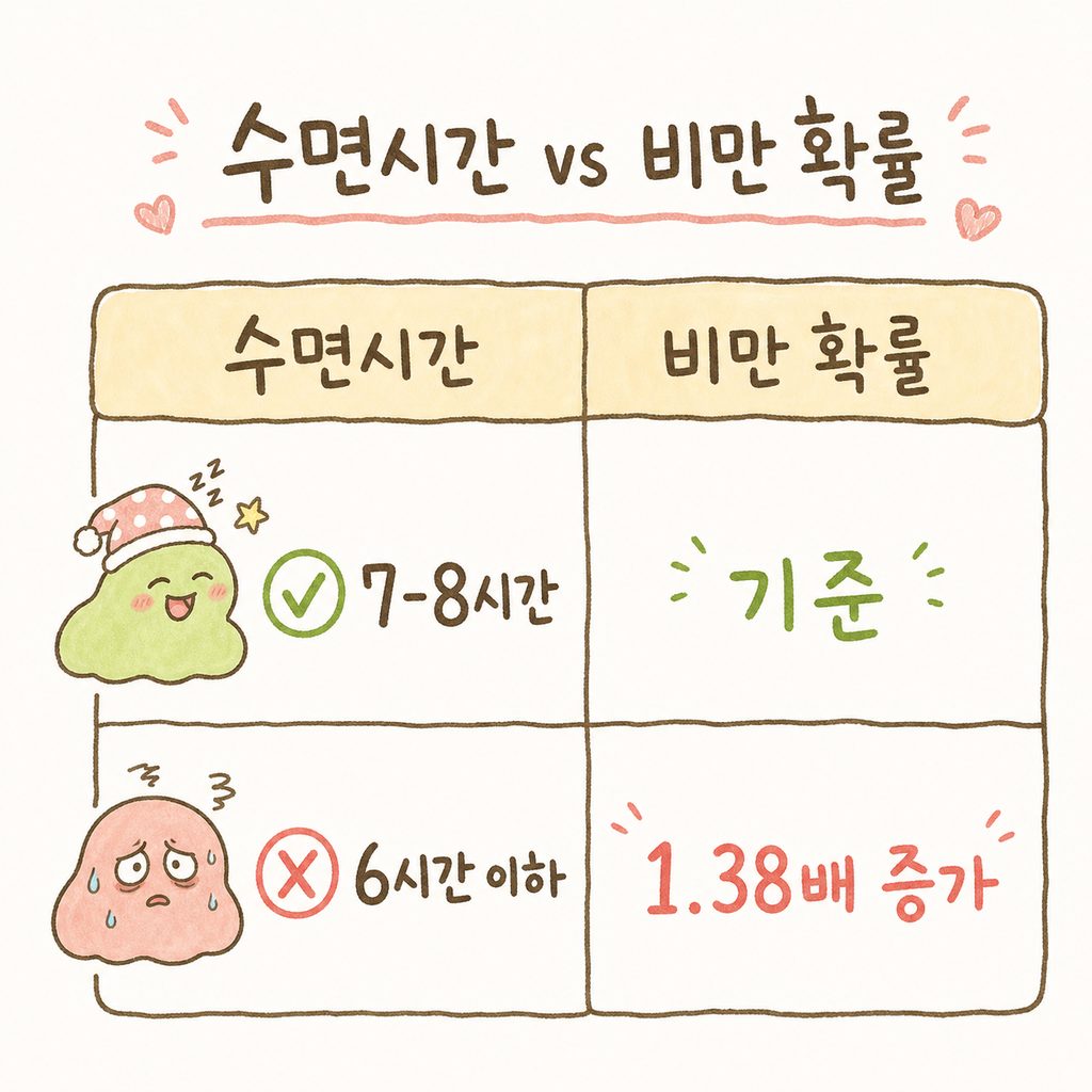 수면시간에 따른 비만 확률 비교표. 7-8시간 수면 그룹과 6시간 이하 수면 그룹의 비만 확률 수치를 대조