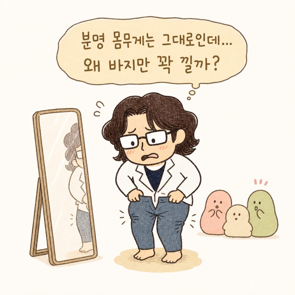 캐릭터가 거울 앞에서 꽉 끼는 바지를 입으려 애쓰며, 당황스럽 고 속상한 표정으로 자신의 허벅지를 바라보고 있는 모습