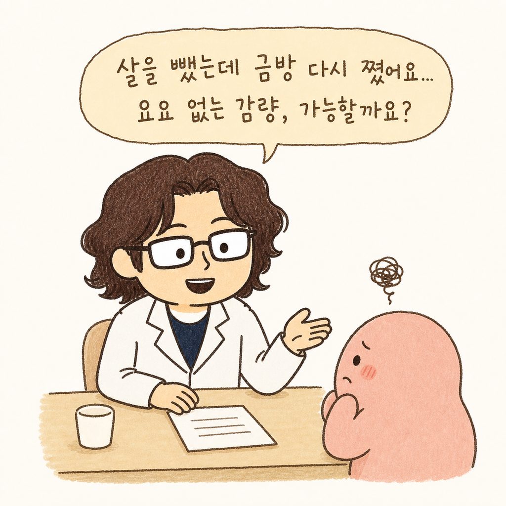인자한 표정의 한의사 캐릭터가 진료실 책상 앞에 앉아 고민하는 환자의 이야기를 경청하며 부드럽게 웃고 있는 모습.