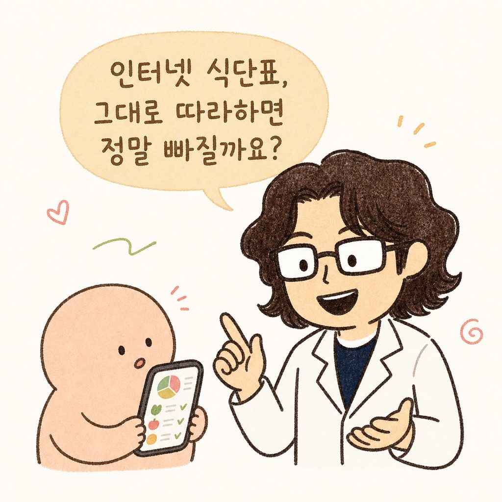 한의사 캐릭터가 인자한 미소를 지으며 스마트폰으로 식단표를 보고 있는 환자에게 상담을 시작하는 모습