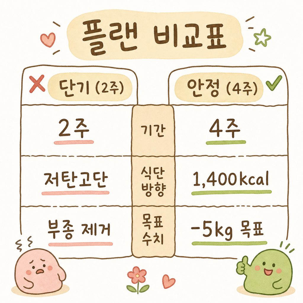 2주 단기 집중 플랜과 4주 안정 플랜의 차이를 보여주는 2열 비교표. 항목은 기간, 식단 방향, 목표 수치로 구성