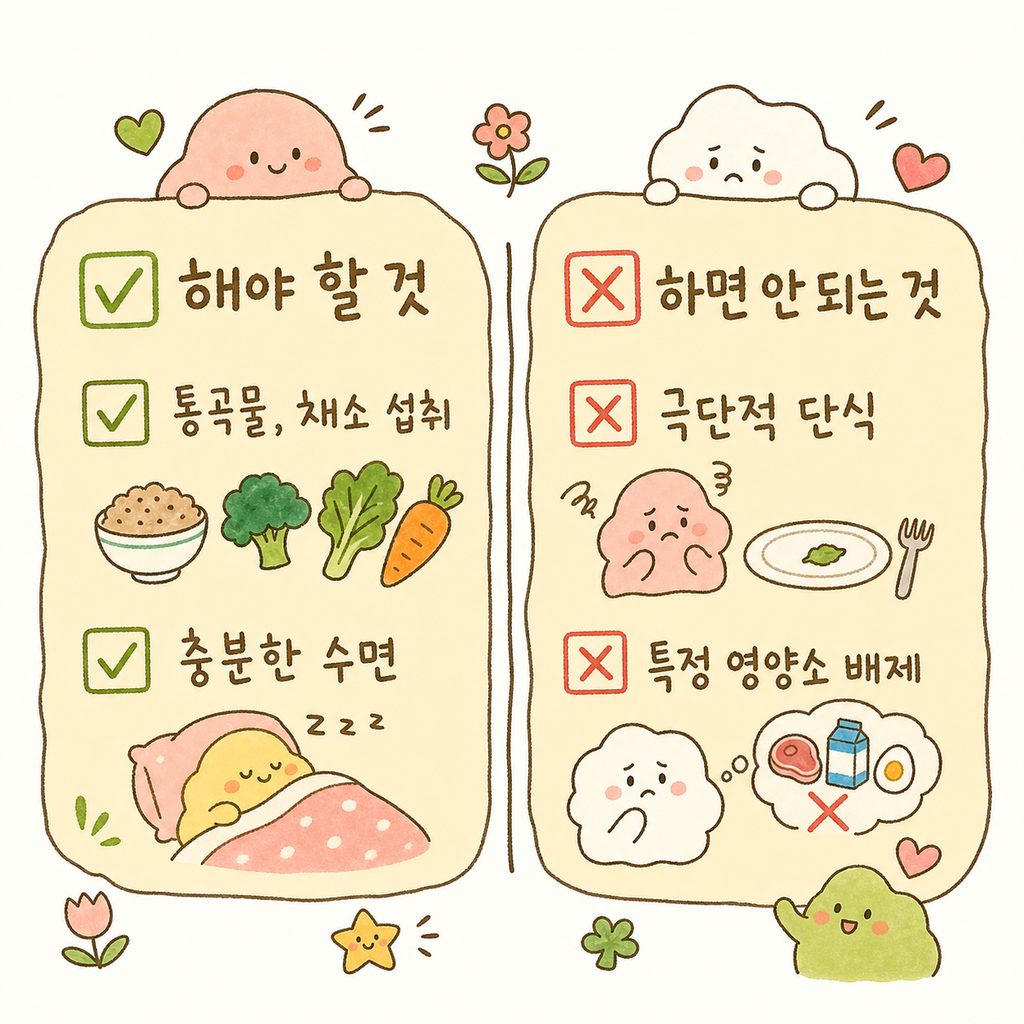 건강한 다이어트를 위해 해야 할 것과 하지 말아야 할 것을 구분한 체크리스트.