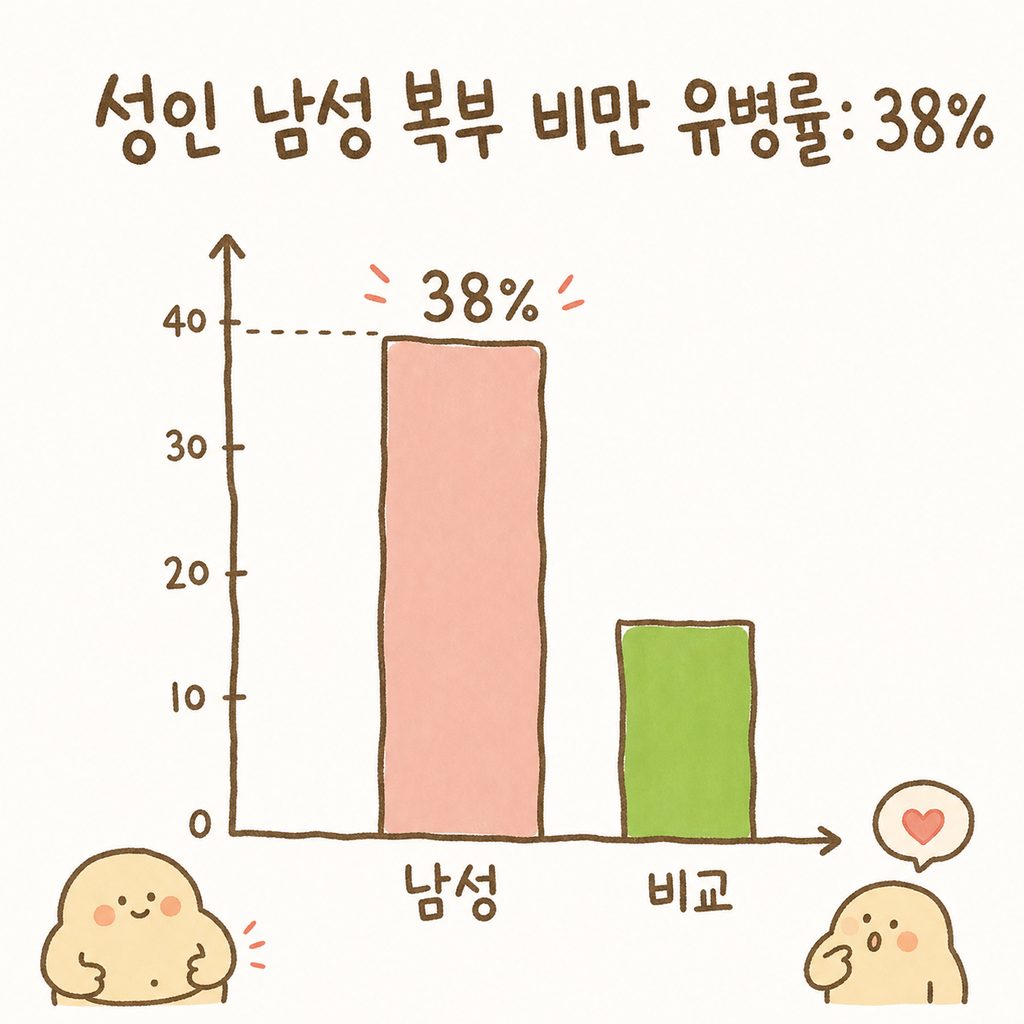 남성 복부 비만 유병률을 강조하는 단순한 막대 그래프. 남성 수치 38%가 눈에 띄게 높게 표시된 형태