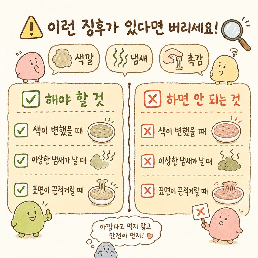 안전한 보관법 체크리스트. 온도계 아이콘과 냉장고/냉동실 아이 콘을 배치하여 핵심 기준 4가지를 나열한 디자인