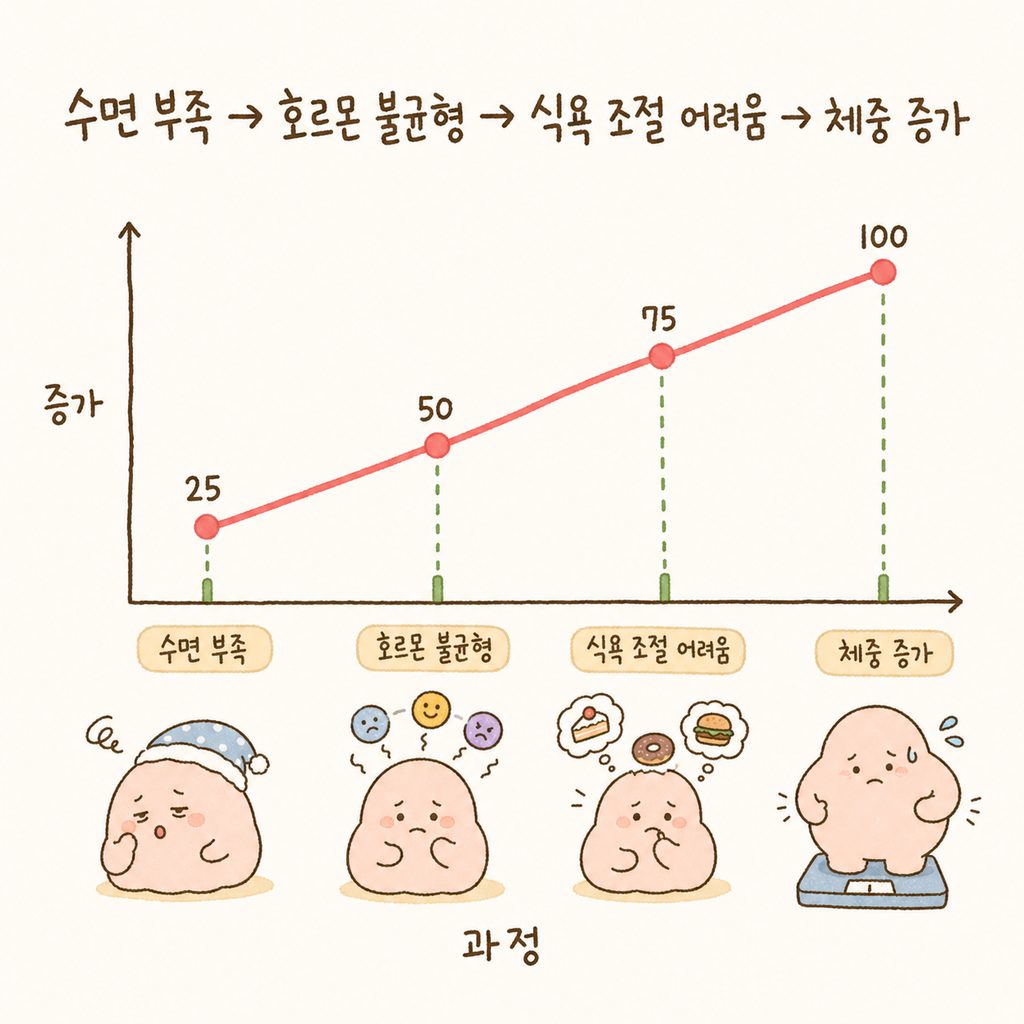 수면 부족이 호르몬 불균형을 일으키고 이것이 식욕 증가와 체중 증가로 이어지는 상관관계를 보여주는 단순한 상승 곡선 그래프