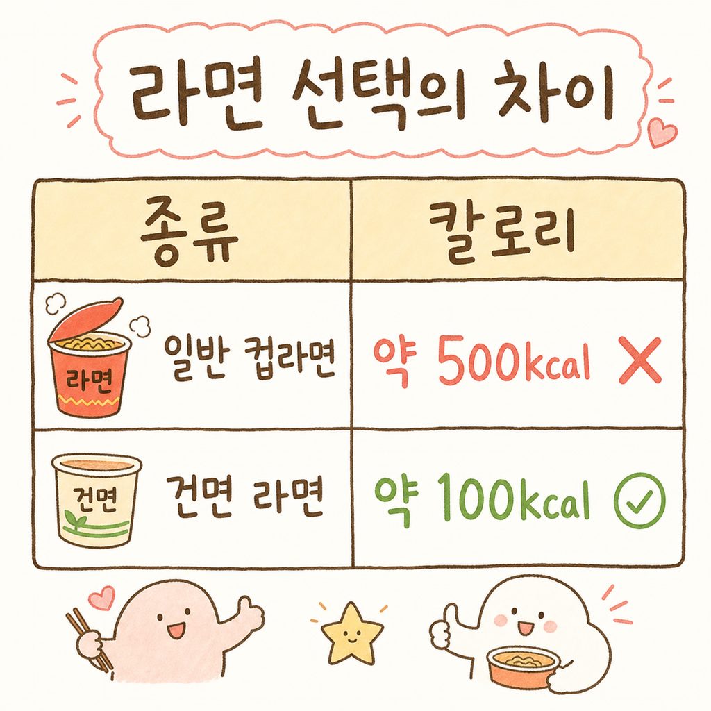 일반 컵라면(유탕면)과 건면의 칼로리를 직관적으로 비교하는 표 형식의 일러스트