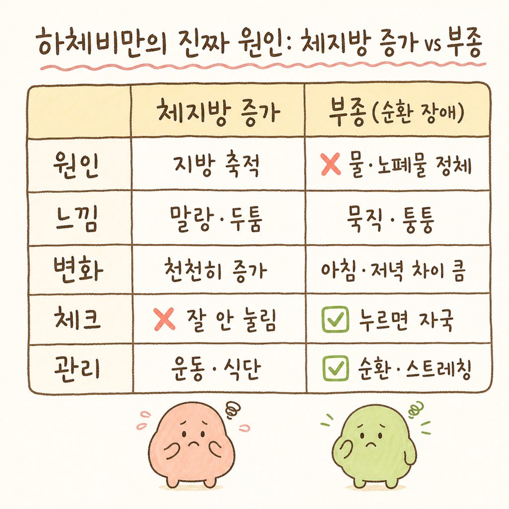 하체비만의 두 가지 핵심 원인인 '체지방 증가'와 '부종(순환 장 애)'의 특징을 좌우로 나누어 설명하는 깔끔한 비교표