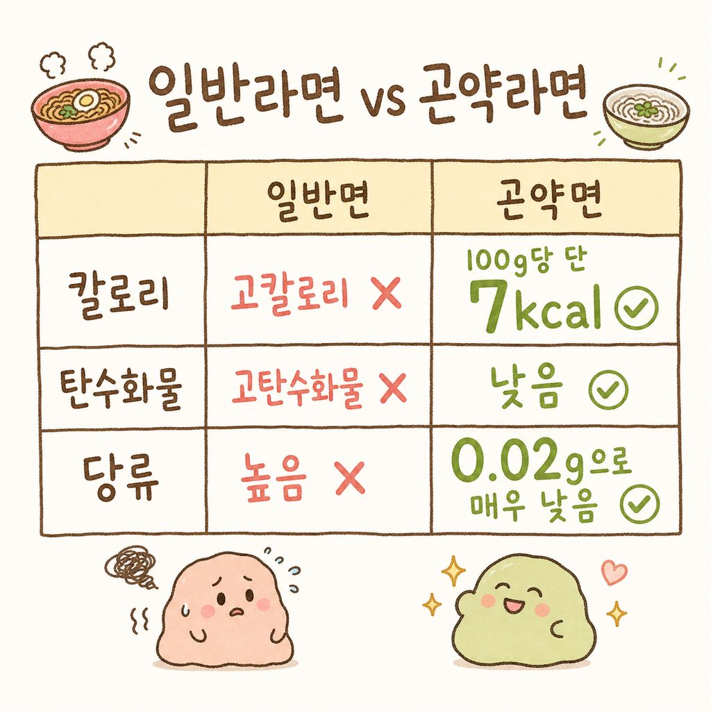 일반 밀가루 라면과 곤약라면의 수치를 명확하게 대조하는 비교표. 일반 라면의 높은 칼로리와 곤약라면의 낮은 칼로리를 강조