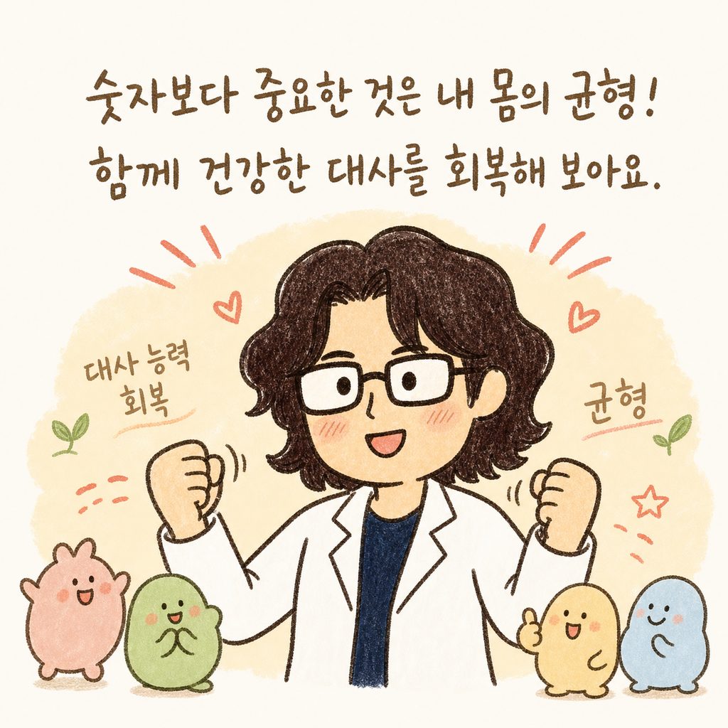 캐릭터가 응원하는 포즈를 취하며, 배경에 '대사 능력 회복'과 '균형'이라는 키워드가 은은하게 떠 있는 마무리 컷