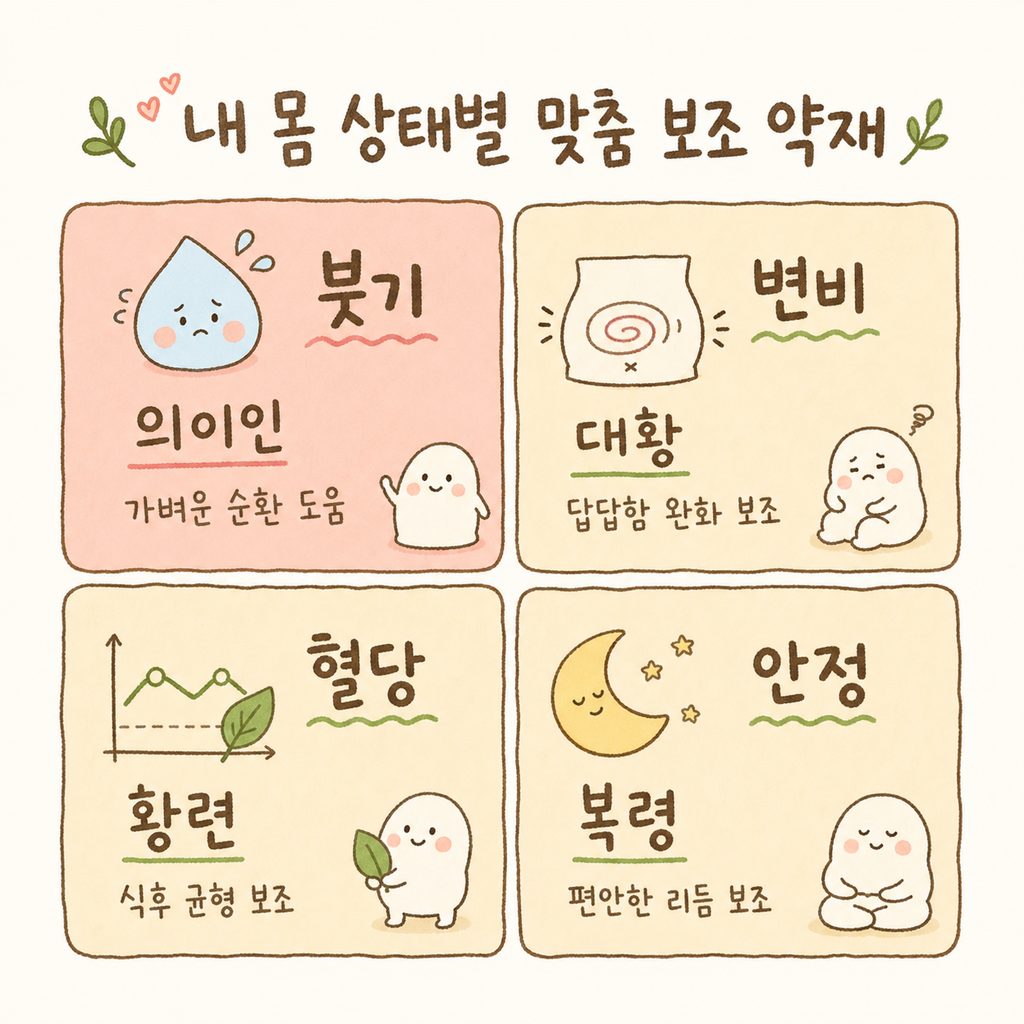 증상별 맞춤 약재를 보여주는 2x2 그리드. (붓기-의이인), (변비-대황), (혈당-황련), (안정-복령) 형태로 약재 이름과 효능을 매칭.