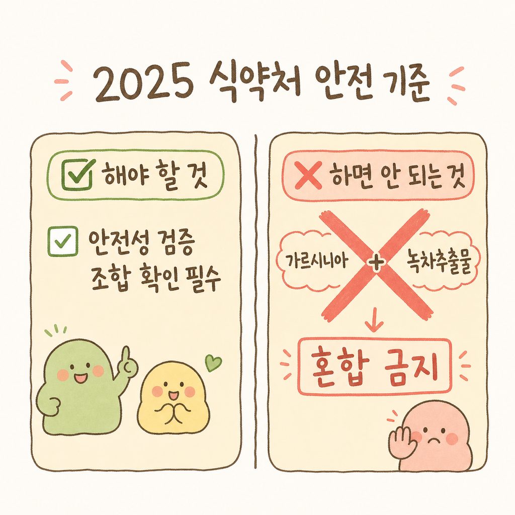 식약처의 혼합 금지 기준을 보여주는 체크리스트. 가르시니아와 녹차추출물이 X표시로 묶여 있는 모습